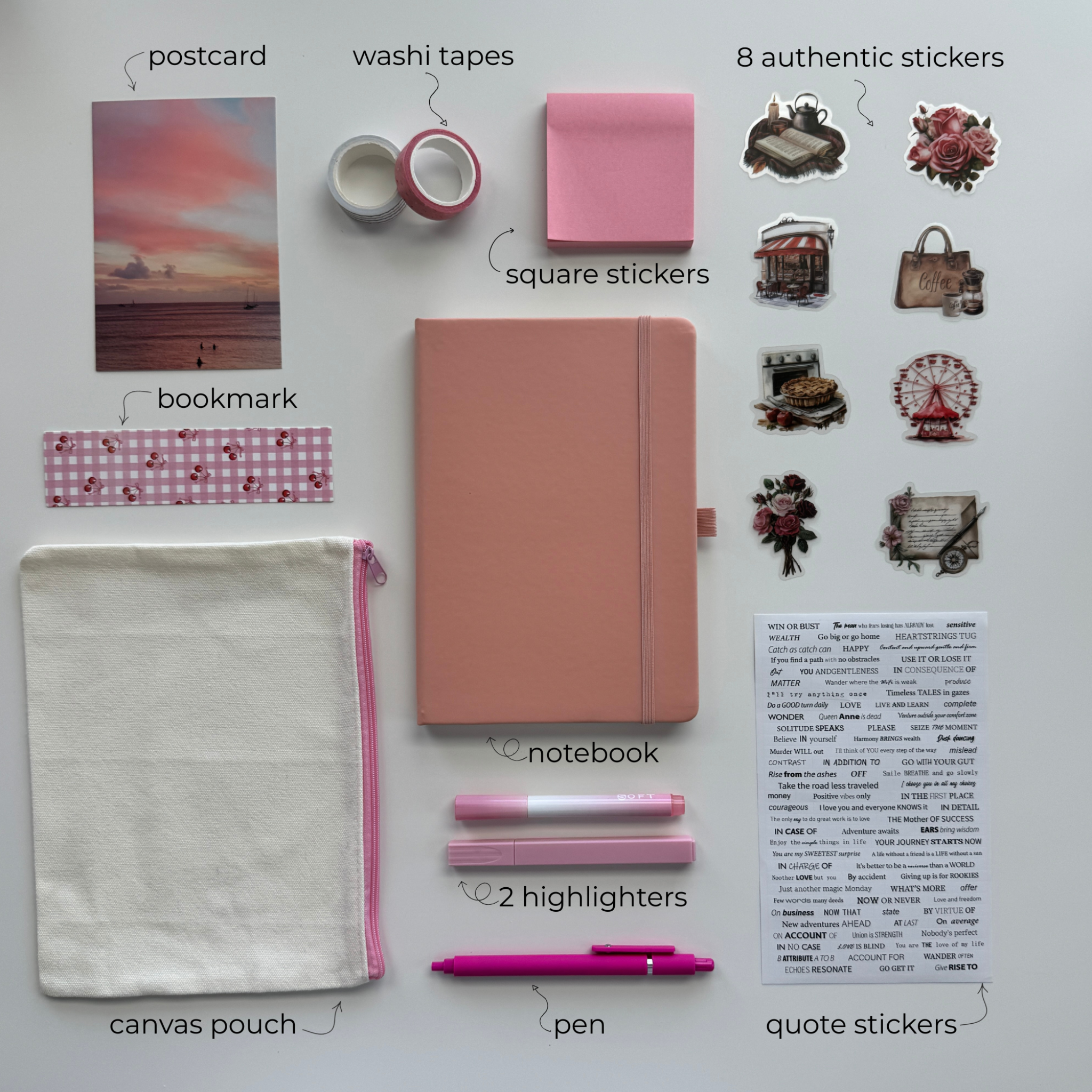 Collection of stationery items including a notebook, pens, washi tapes, and stickers on a light gray background.