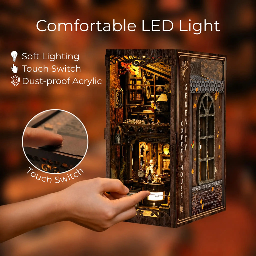 Decorative LED light box with a touch switch, shown being operated by a hand.