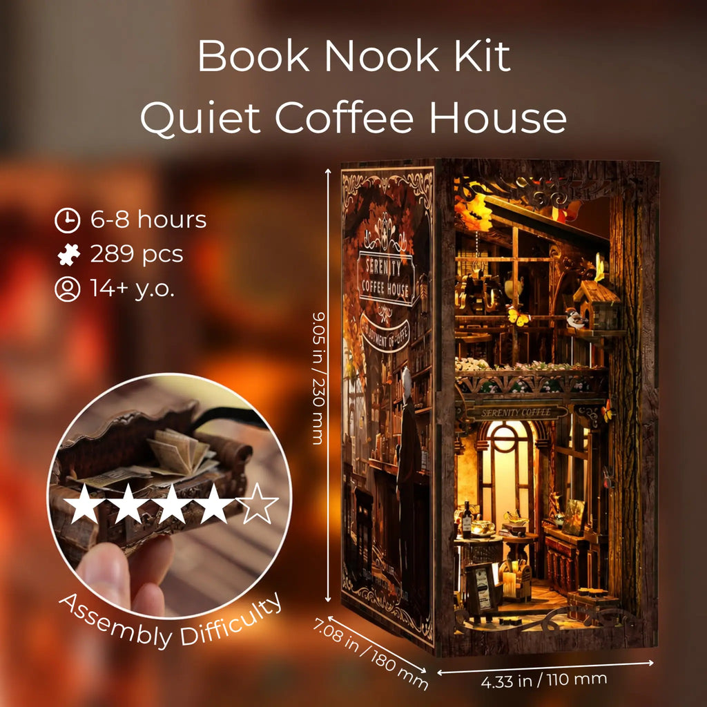Book Nook Kit Quiet Coffee House packaging with assembly difficulty rating and dimensions.
