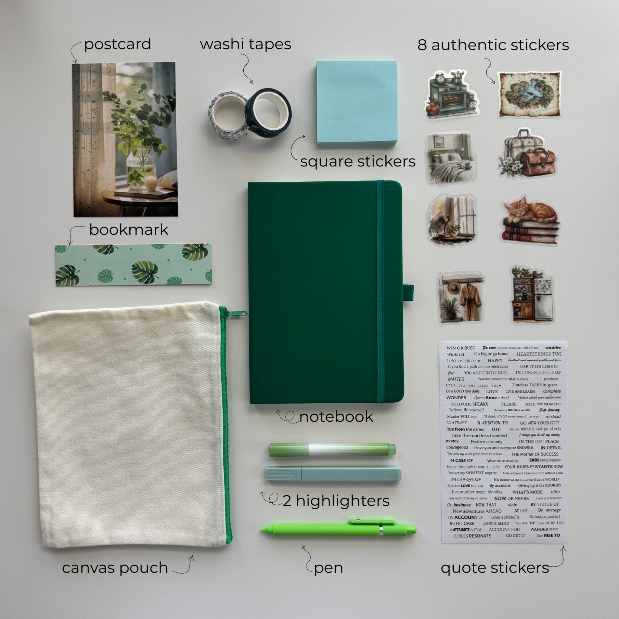 Collection of stationery items including a notebook, pen, highlighters, stickers, and pouch on a light gray background.