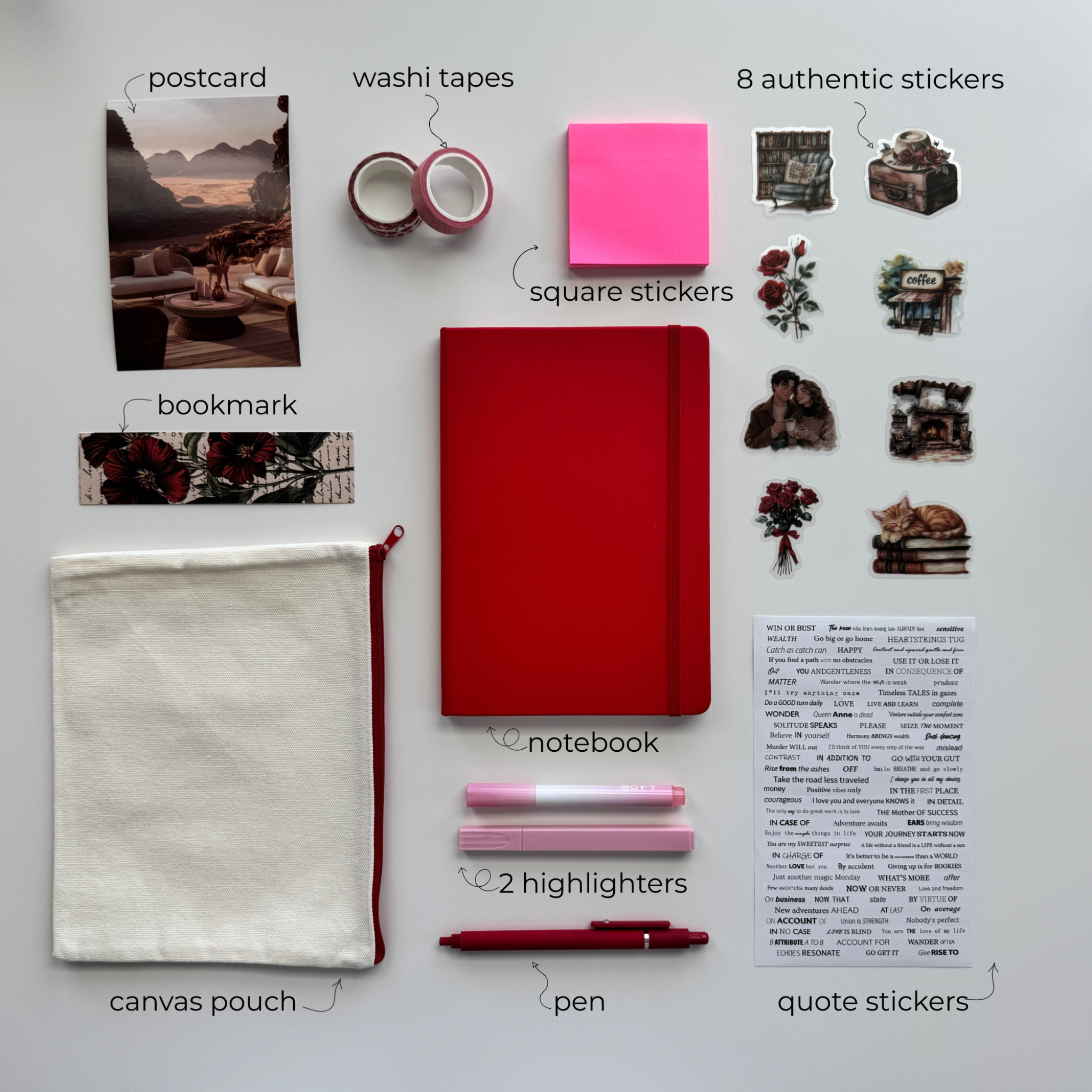 Collection of stationery items including a red notebook, pen, highlighters, stickers, and pouch on a white background.