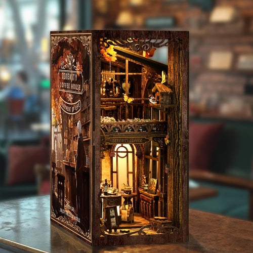 Wooden model of a coffee house with intricate details on a blurred background