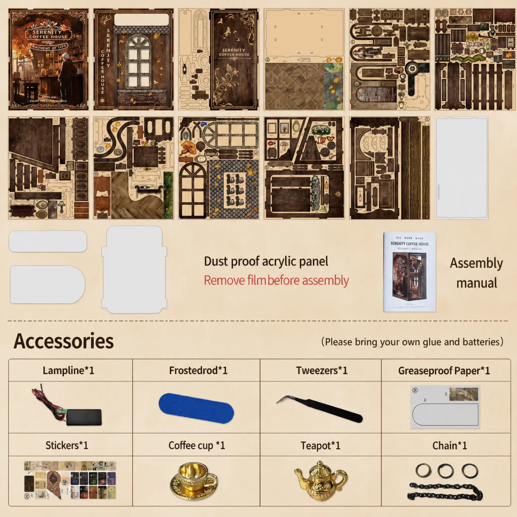 Collection of model building parts and accessories on a beige background with text instructions.
