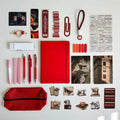 Collection of stationery items including a red notebook, pens, clips, and small books on a white surface.