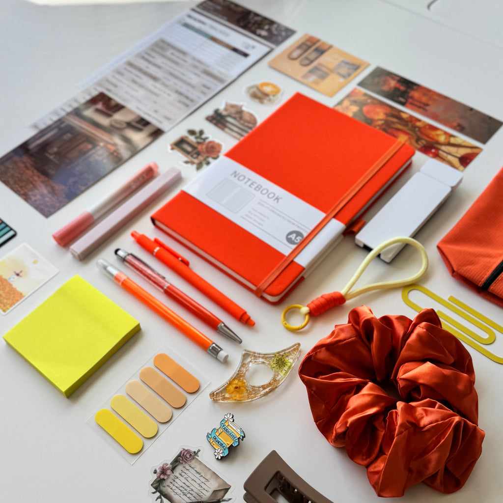Desk with stationery items including an orange notebook, pens, sticky notes, and a scrunchie.