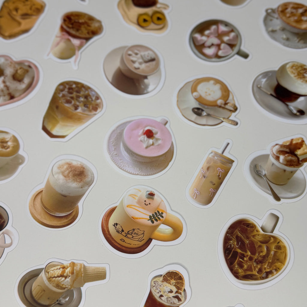 Collection of coffee-themed stickers on a white background