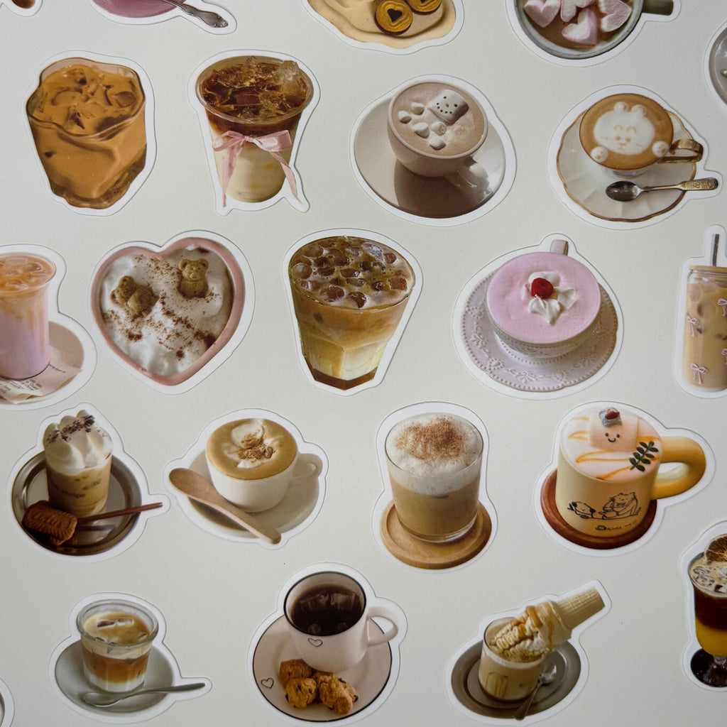 Various coffee and dessert illustrations arranged in a grid on a white background