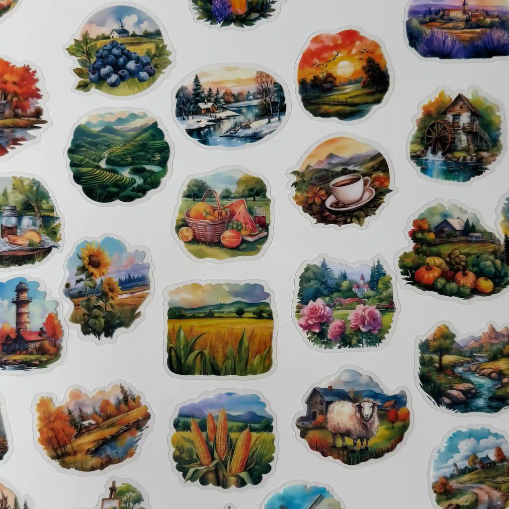 Collection of scenic and nature-themed stickers on a white background