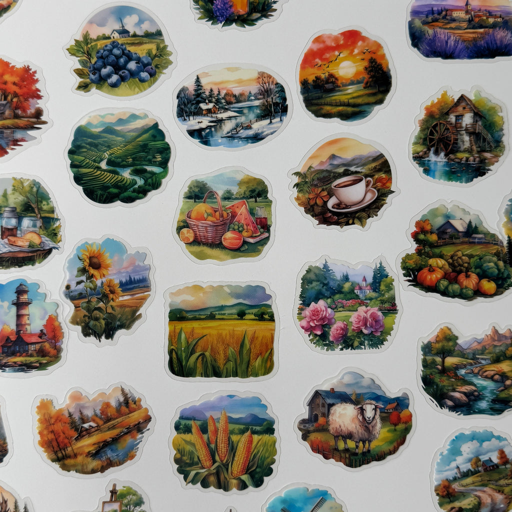 Collection of scenic and nature-themed stickers on a white background