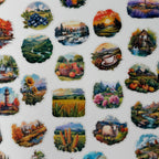 Collection of scenic and nature-themed stickers on a white background