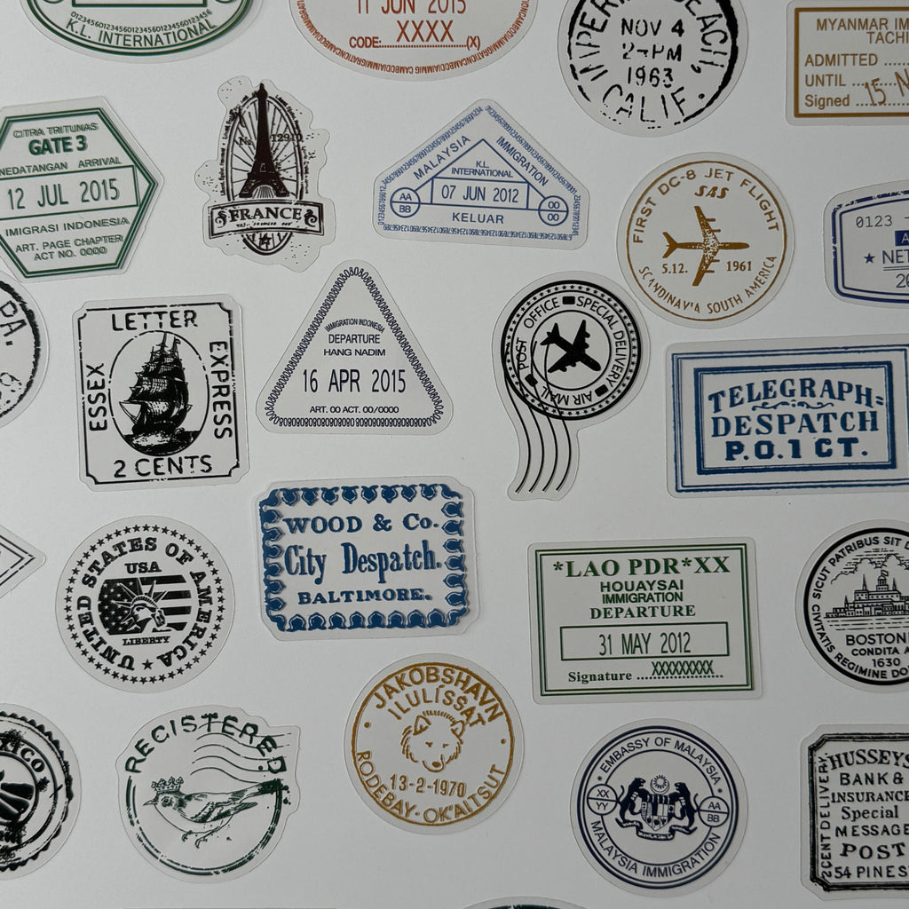 Collection of vintage-style stamps and labels on a white background