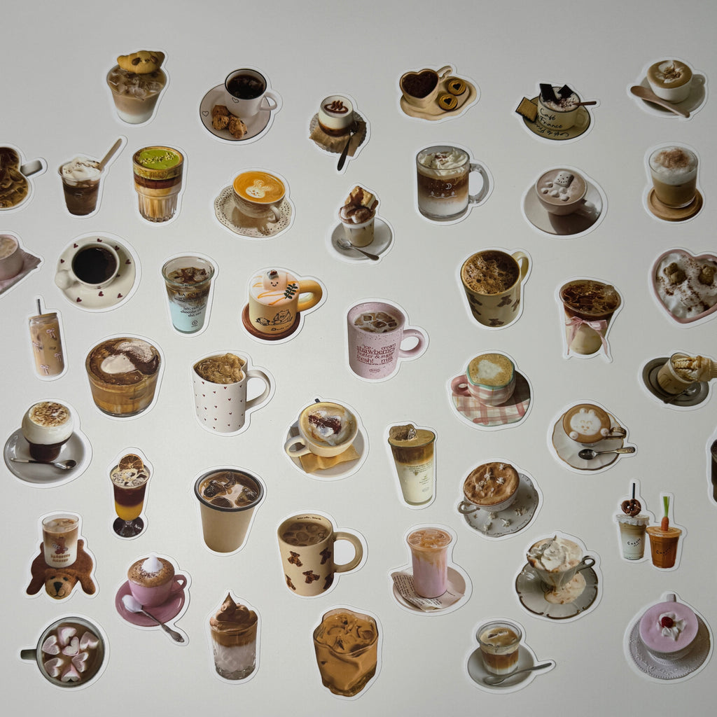 Various coffee beverages stickers arranged in a grid on a white background