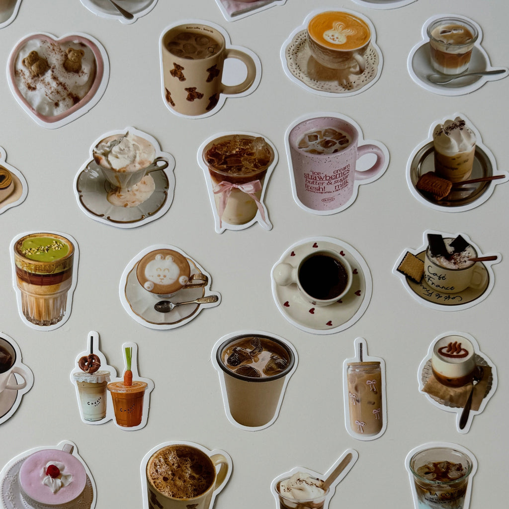 Collection of coffee-themed stickers on a white background