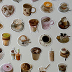 Collection of coffee-themed stickers on a white background