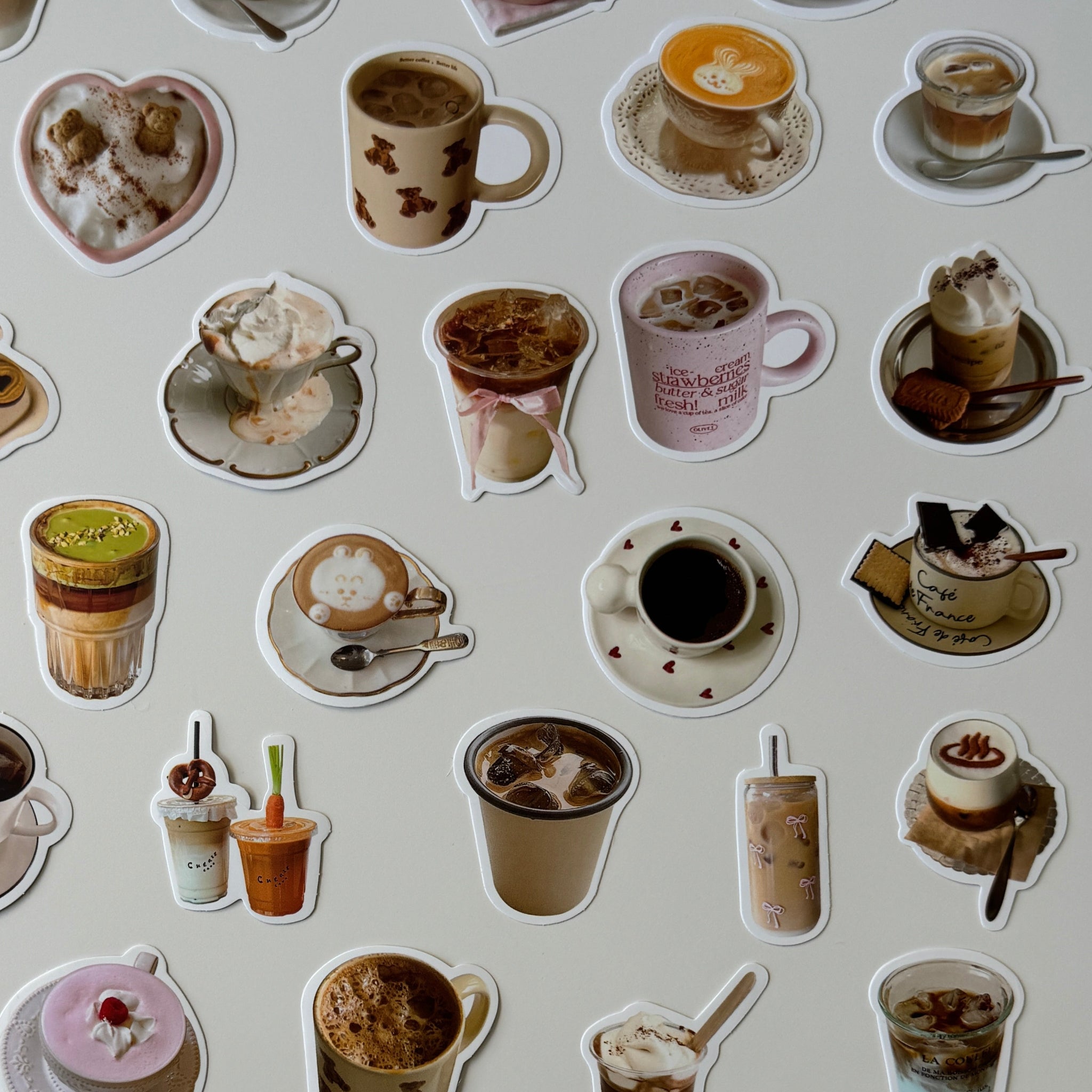 Collection of coffee-themed stickers on a white background