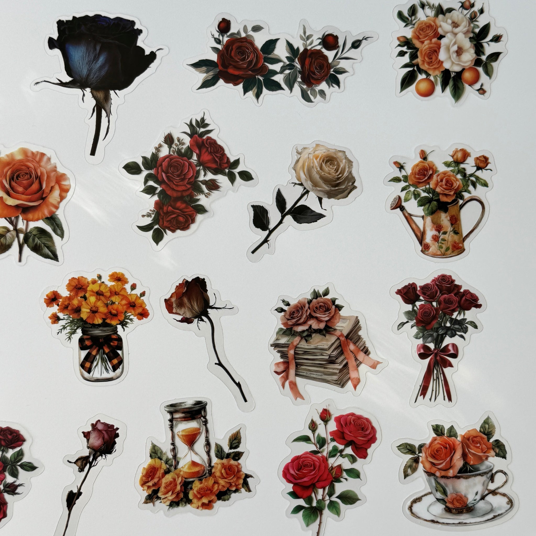Collection of floral and decorative stickers on a white background