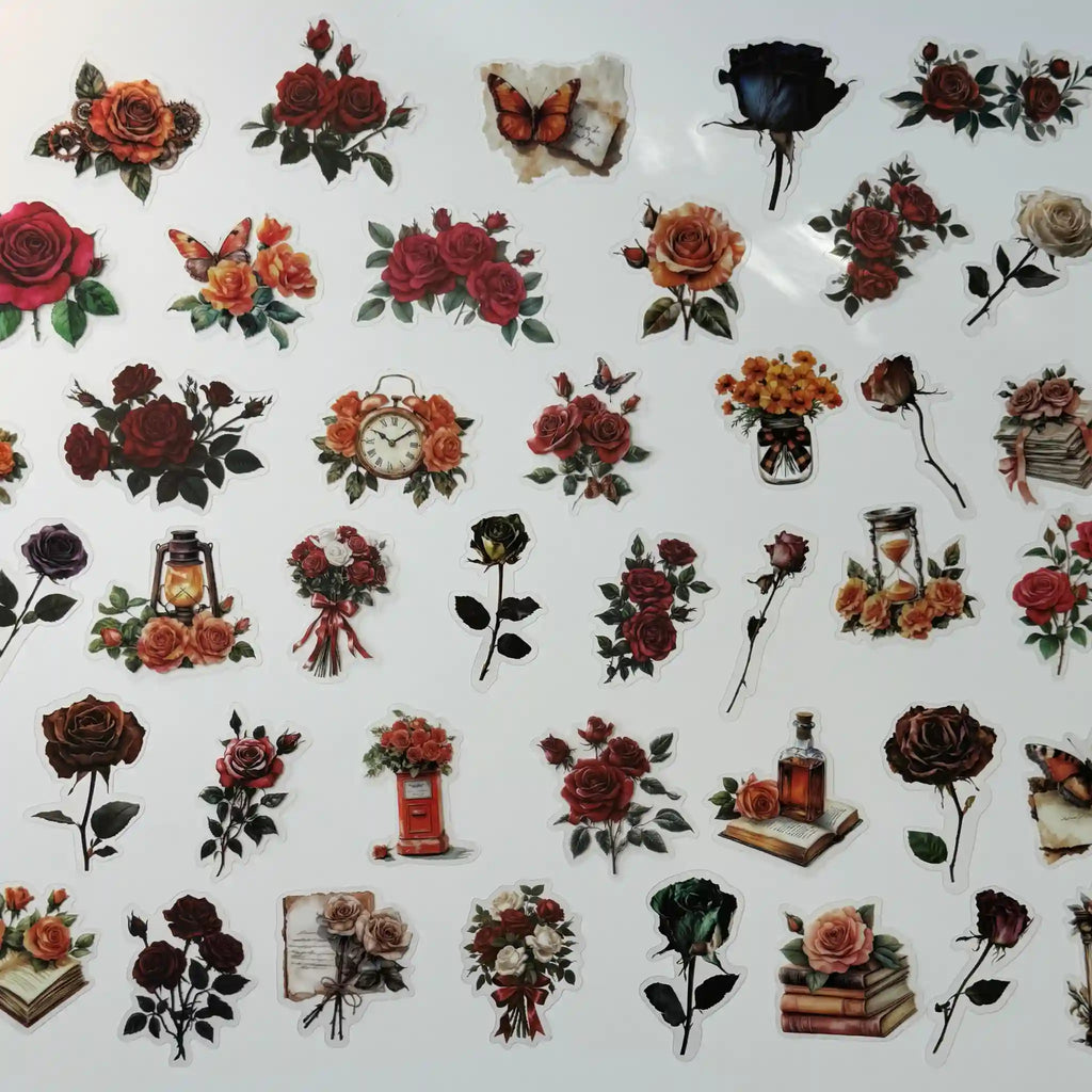 Collection of floral and decorative stickers on a white background
