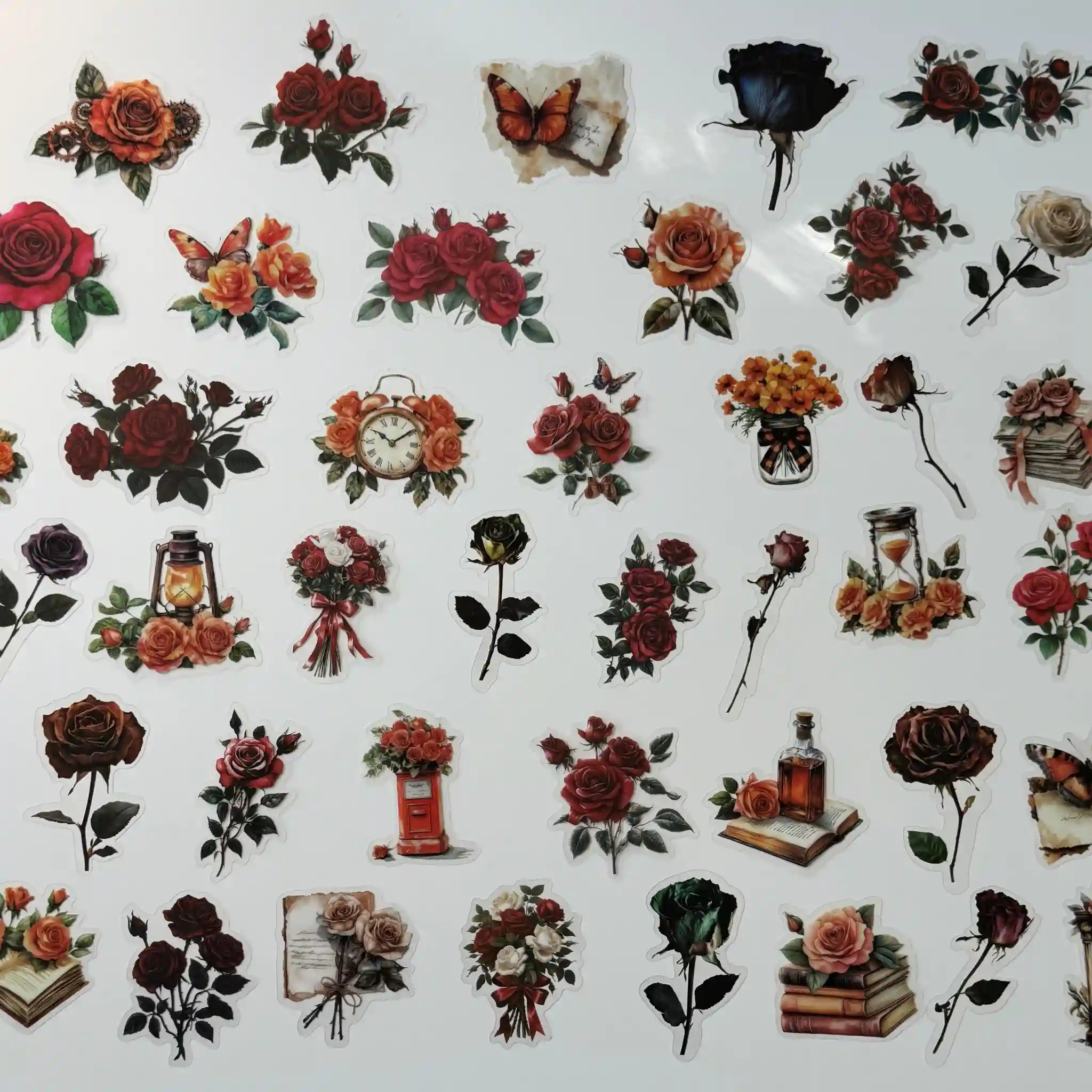 Collection of floral and decorative stickers on a white background