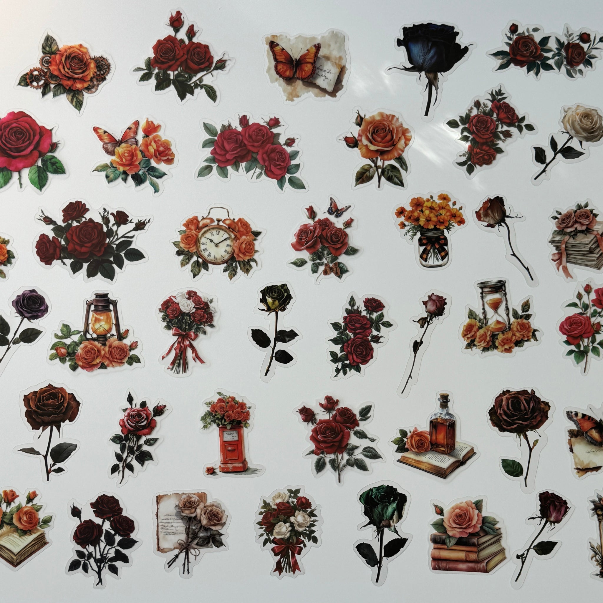 Collection of floral and decorative stickers on a white background