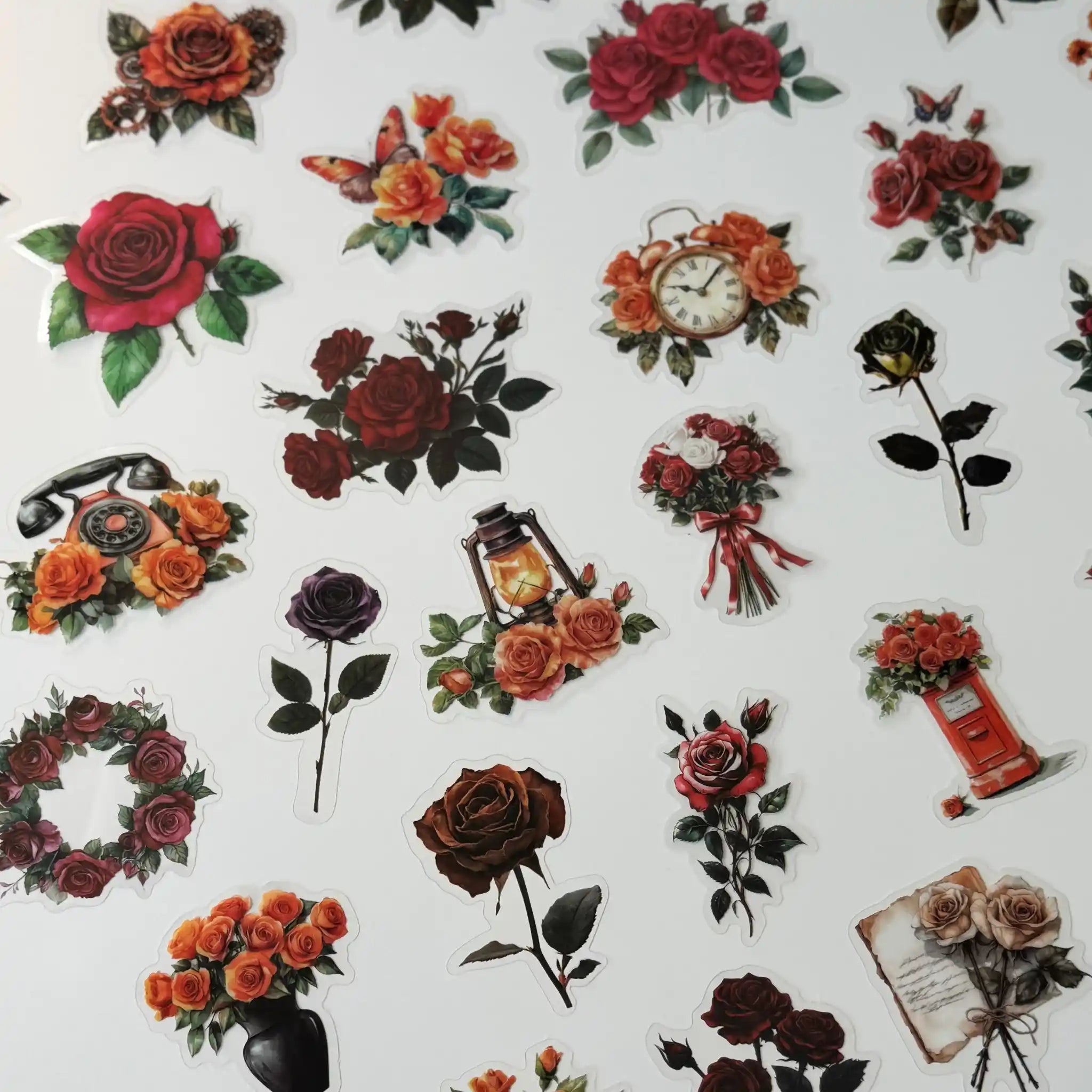 Collection of floral and decorative stickers on a white background