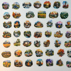 Collection of small circular illustrations of various scenes on a white background
