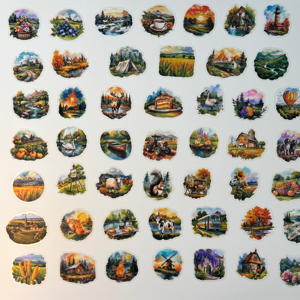 Collection of small round illustrations of various landscapes and scenes on a white background