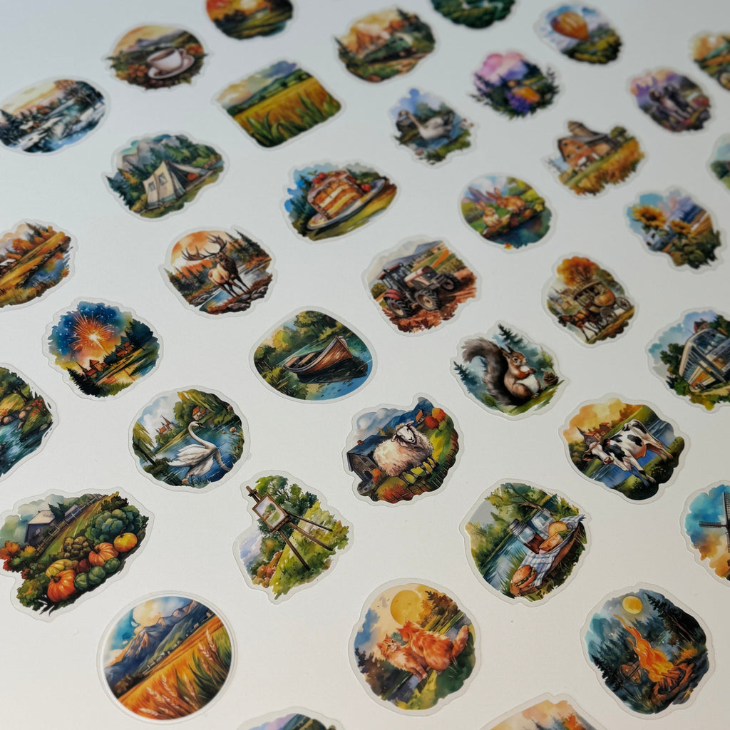 Sheet of scenic stickers with various nature and landscape illustrations on a white background.