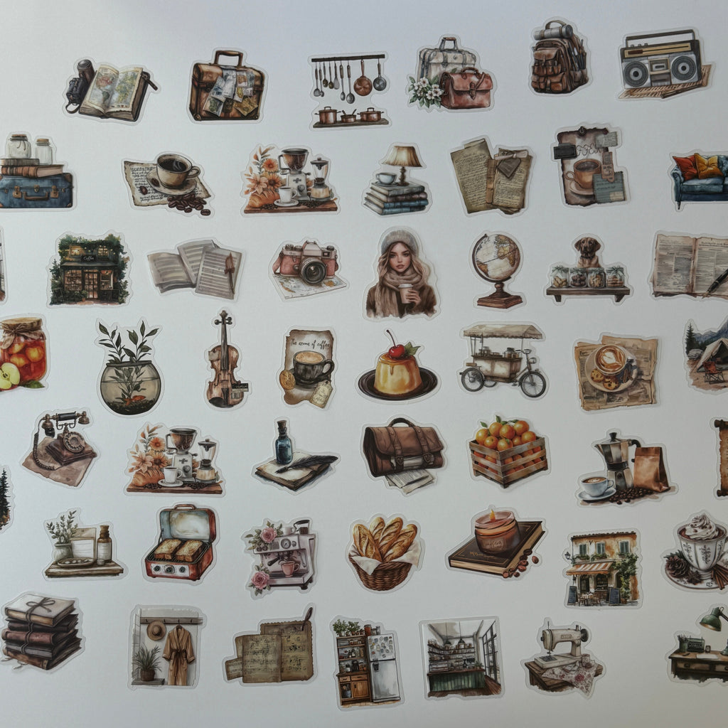 Collection of vintage-style illustrations on a white surface