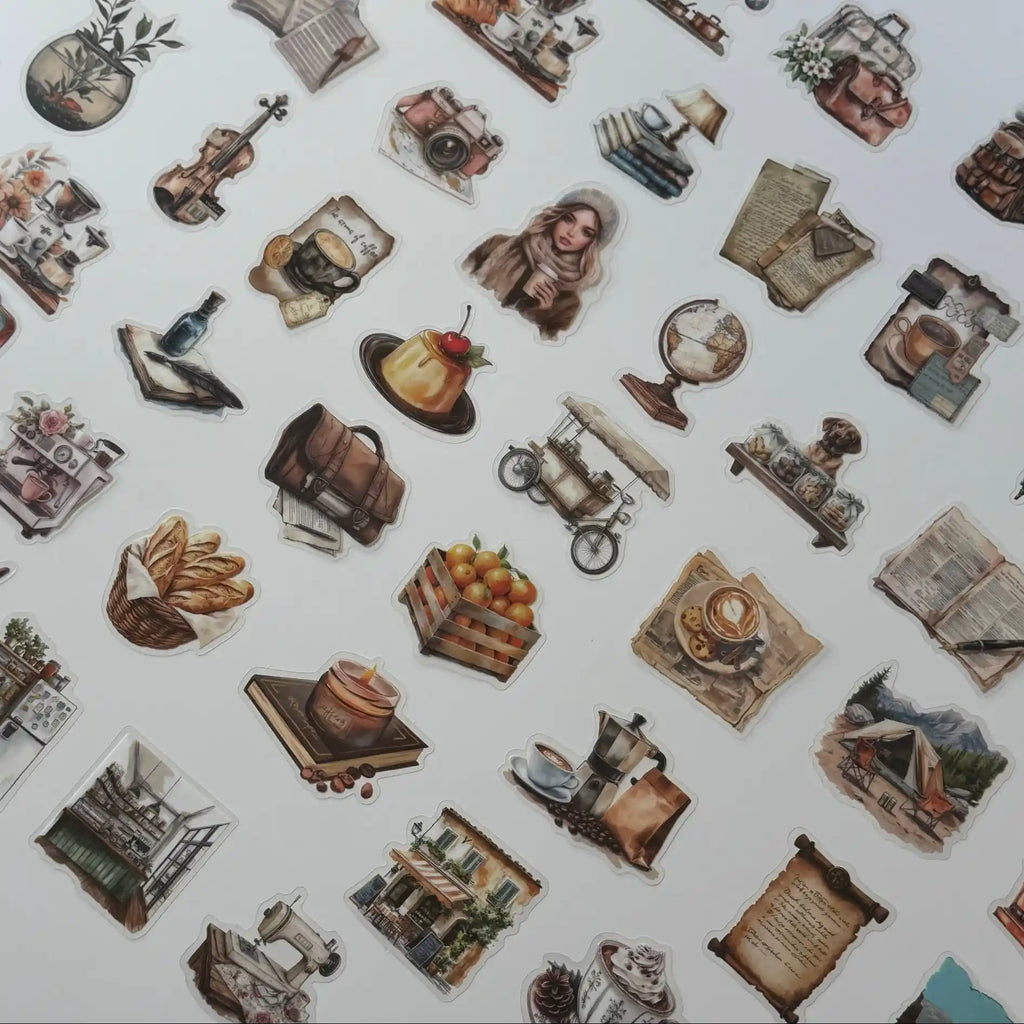 Pattern of vintage-style illustrations on a white background