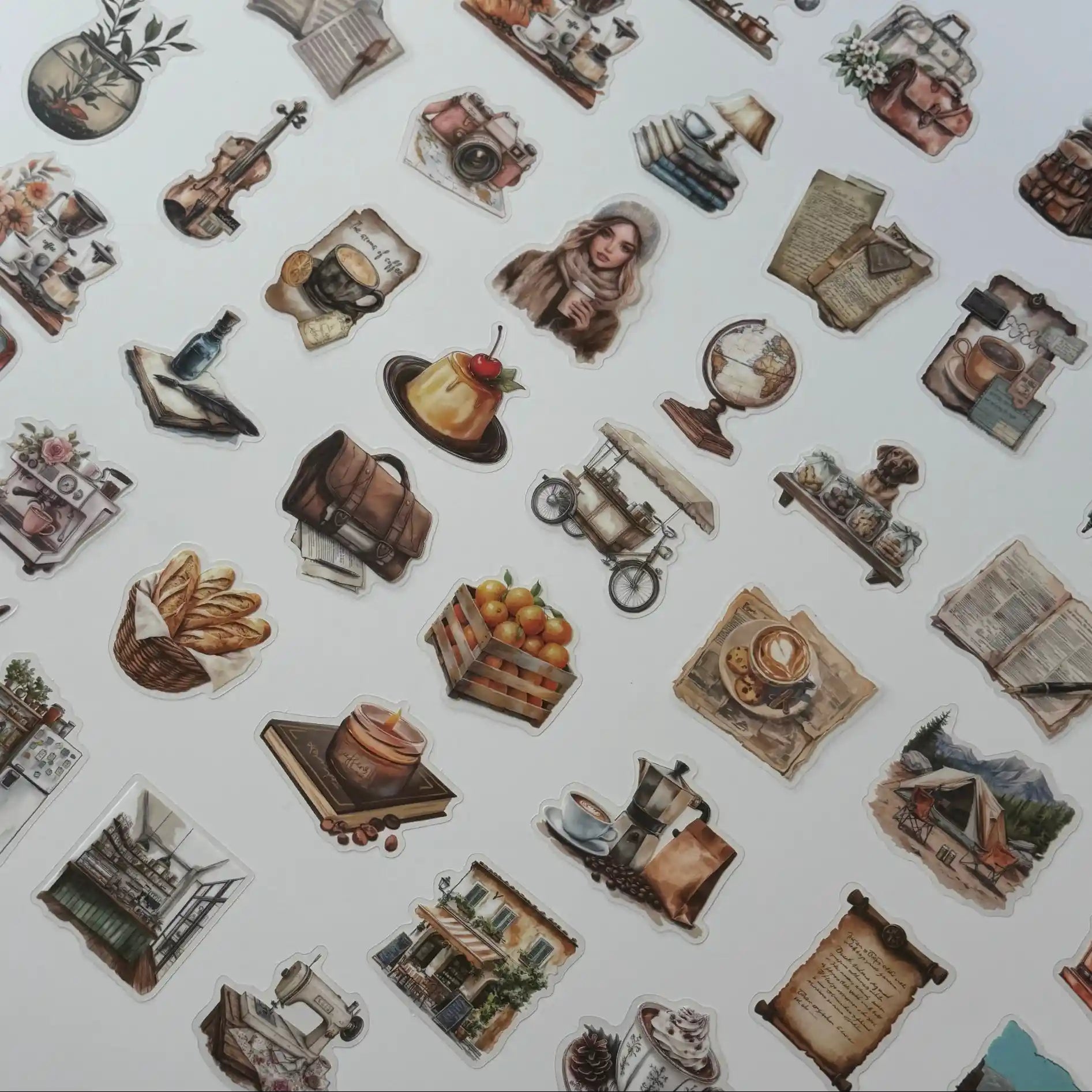 Pattern of vintage-style illustrations on a white background