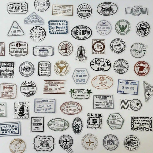 Collection of vintage-style travel stamps and labels on a white background