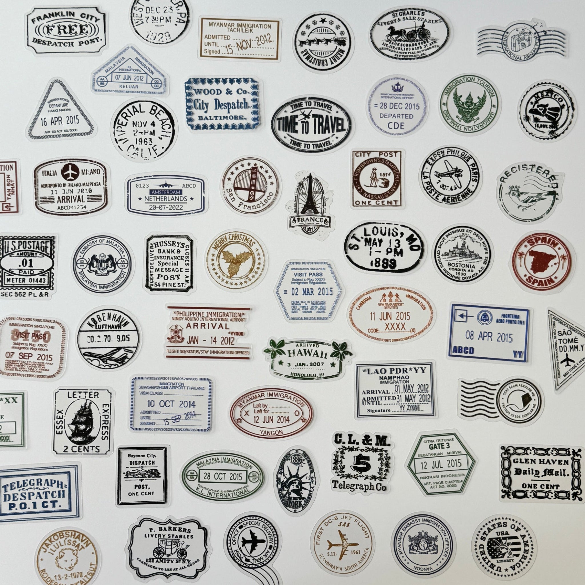 Collection of vintage-style stamps and labels on a white background