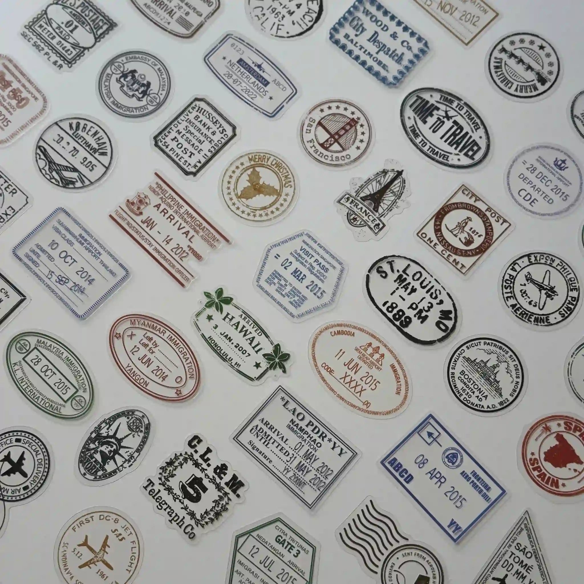 Collection of various vintage-style stamps on a white background