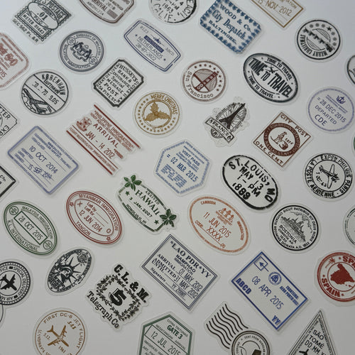 Collection of vintage-style stamps and labels on a white background