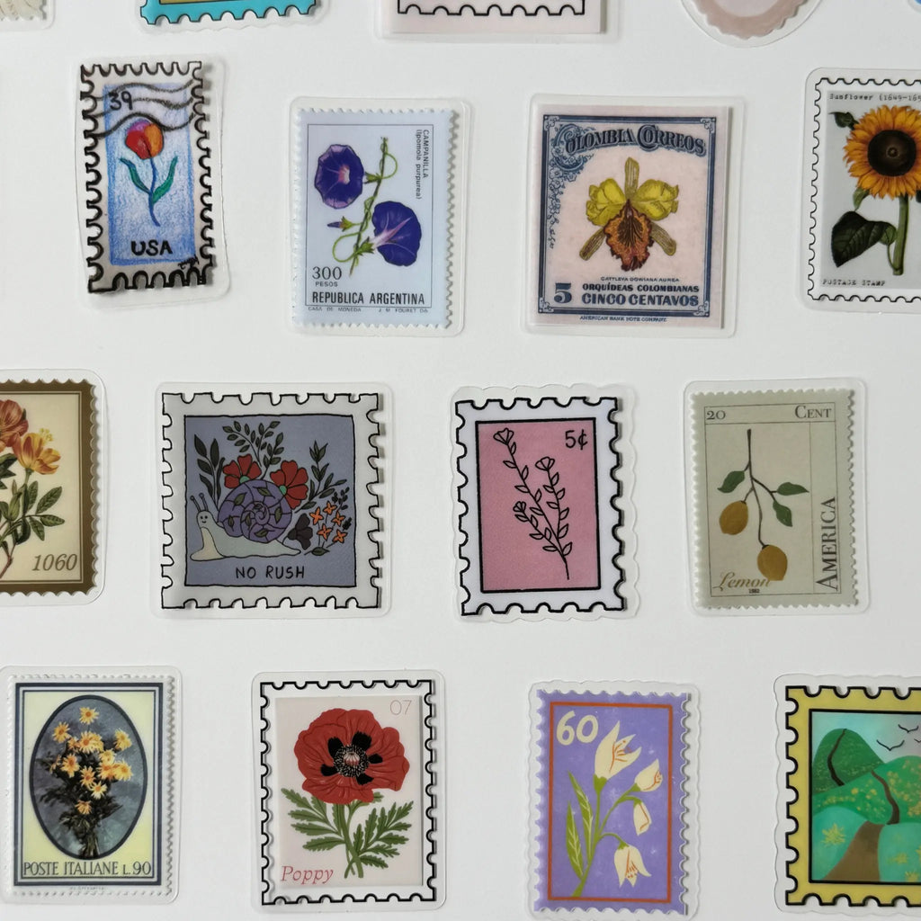 Collection of various postage stamps with floral designs on a white background