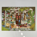 Illustration of a cozy indoor garden with plants and furniture.