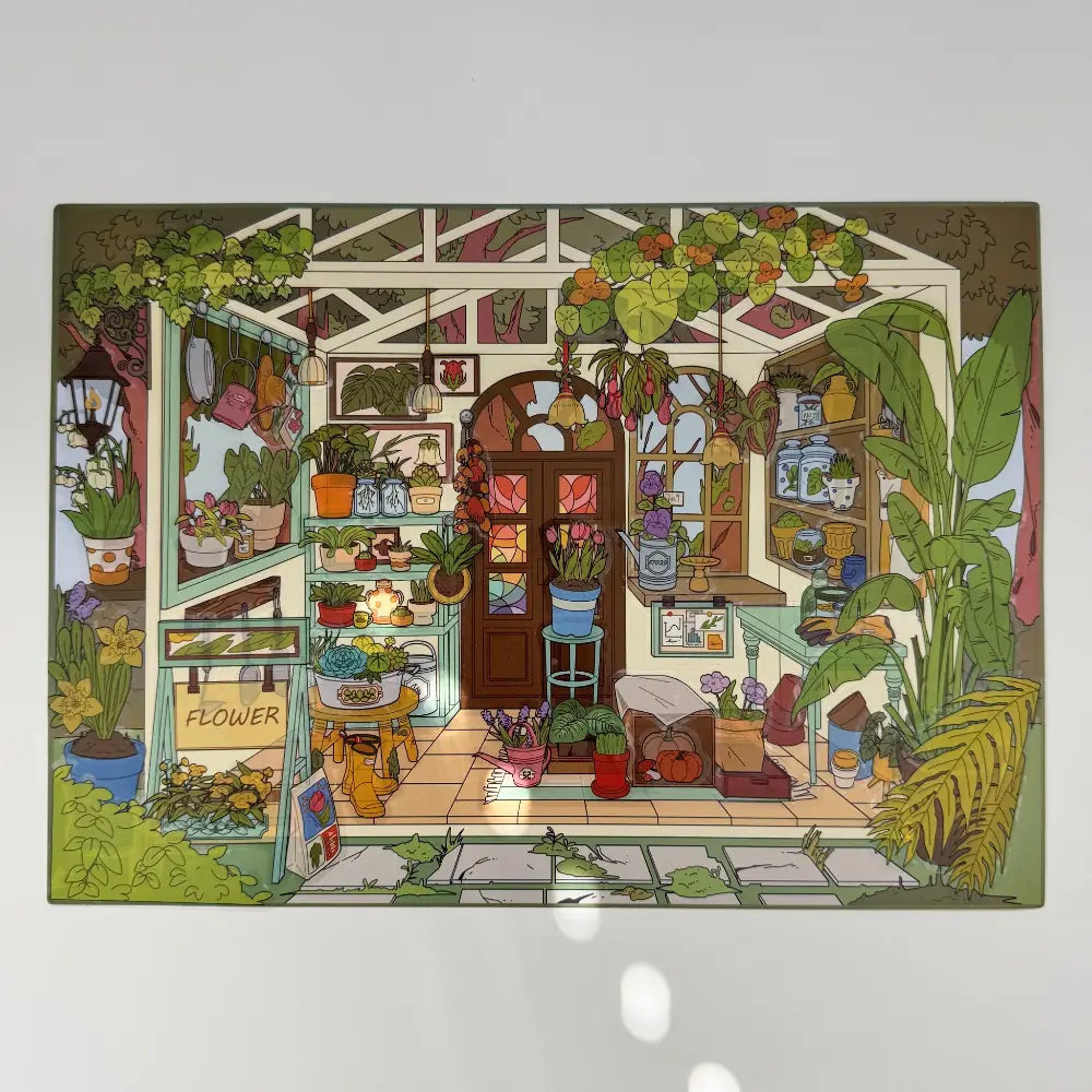 Illustration of a cozy indoor garden with plants and furniture.
