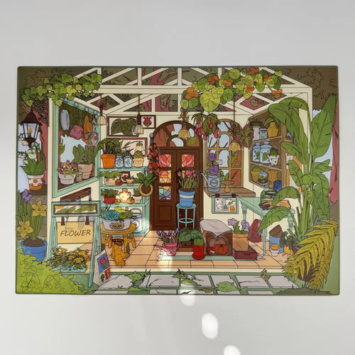 Illustration of a cozy indoor garden with plants and furniture.