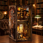 Detailed model of a coffee house inside a wooden box with a vintage bookshelf background.