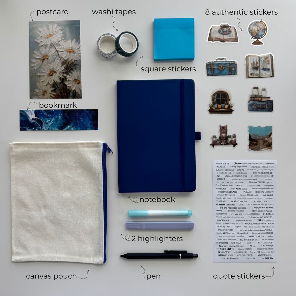 Collection of stationery items including a notebook, pen, highlighters, stickers, and pouch on a white background.